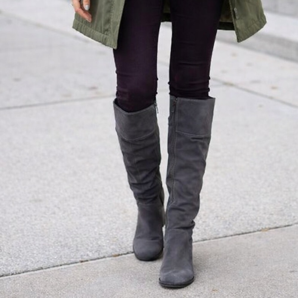 NEW Gray faux suede gray knee boots zip up round toe by Style & Co Womens Sz 7.5